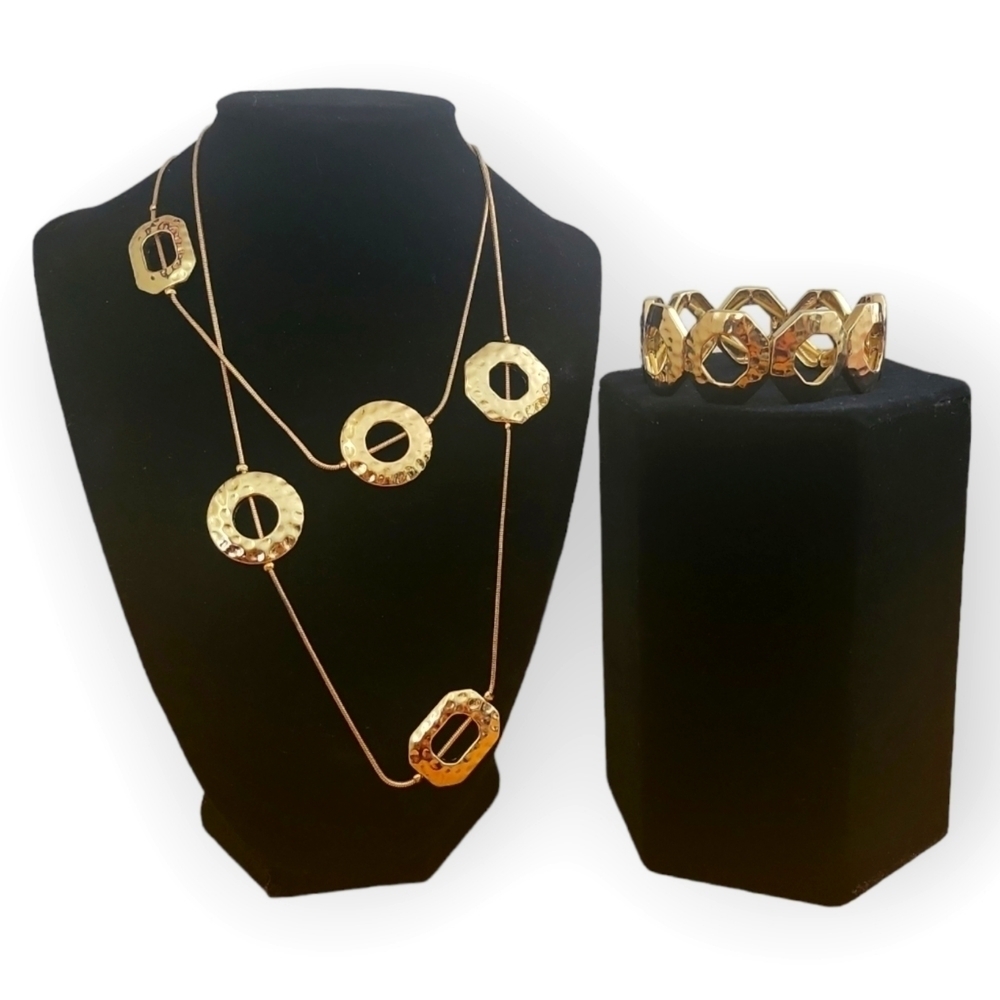 Nine West Pounded Goldtone Geometric Shape Necklace & Bracelet Set